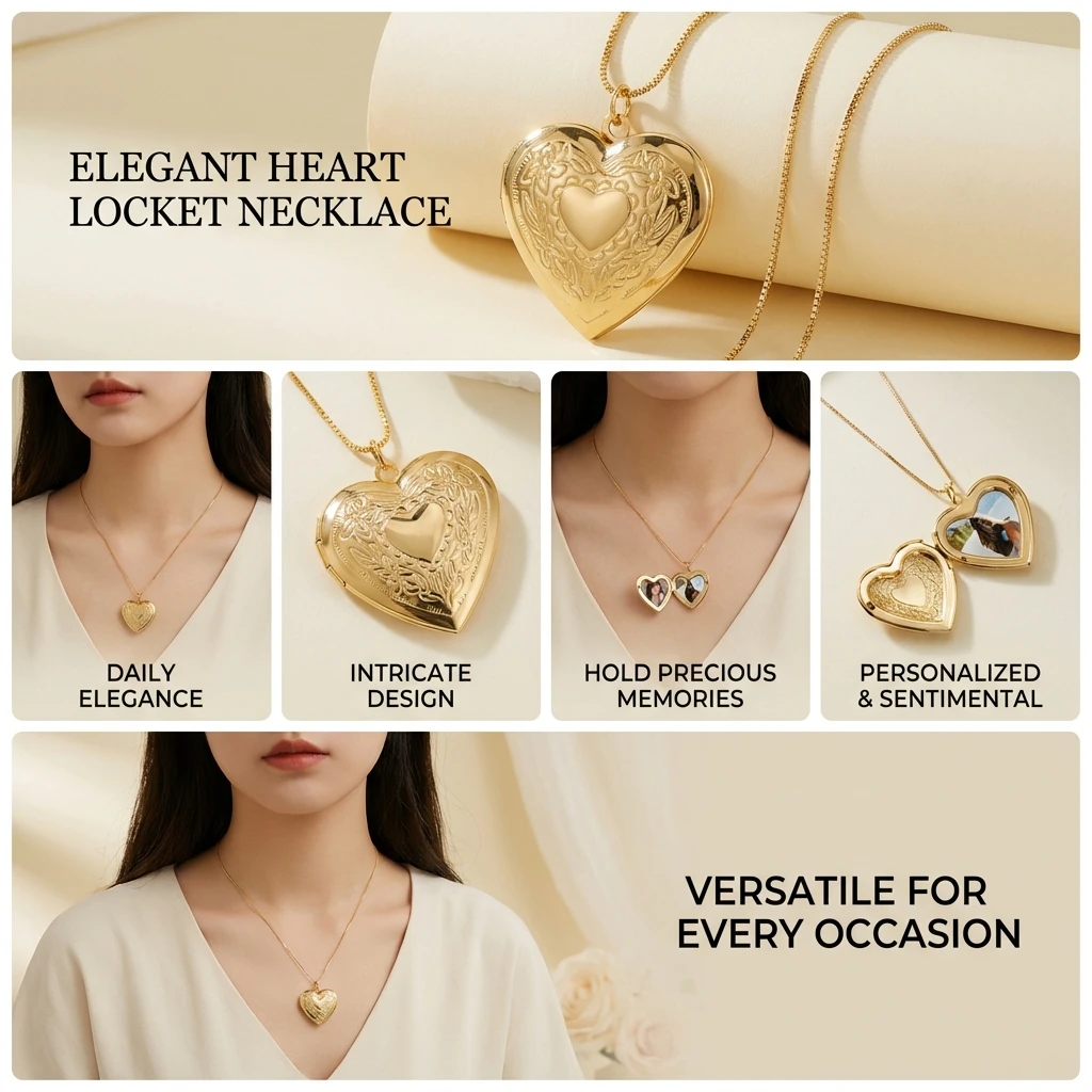 Vintage-Halskette mit geschnitztem Herz-Medaillon in Goldfarbe für Frauen, personalisierter Foto-Anhänger, romantisches, ästhetisches Valentins-Schmuckgeschenk – Detail 3