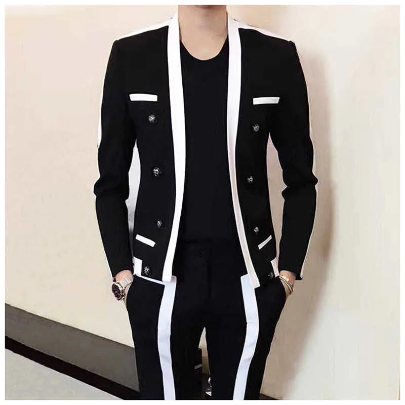 

Contrast Stripe Blalck White Suit Male Wedding Groom Suit 2023 Autumn Winter Disguised Men Slim Fit Stage Outfit Mens Party Suit