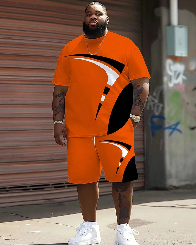 

S-9XL Мужская футболка большого размера с цветными блоками для баскетбола и спортивного принта с короткими рукавами, шорты, комплект из двух предметов