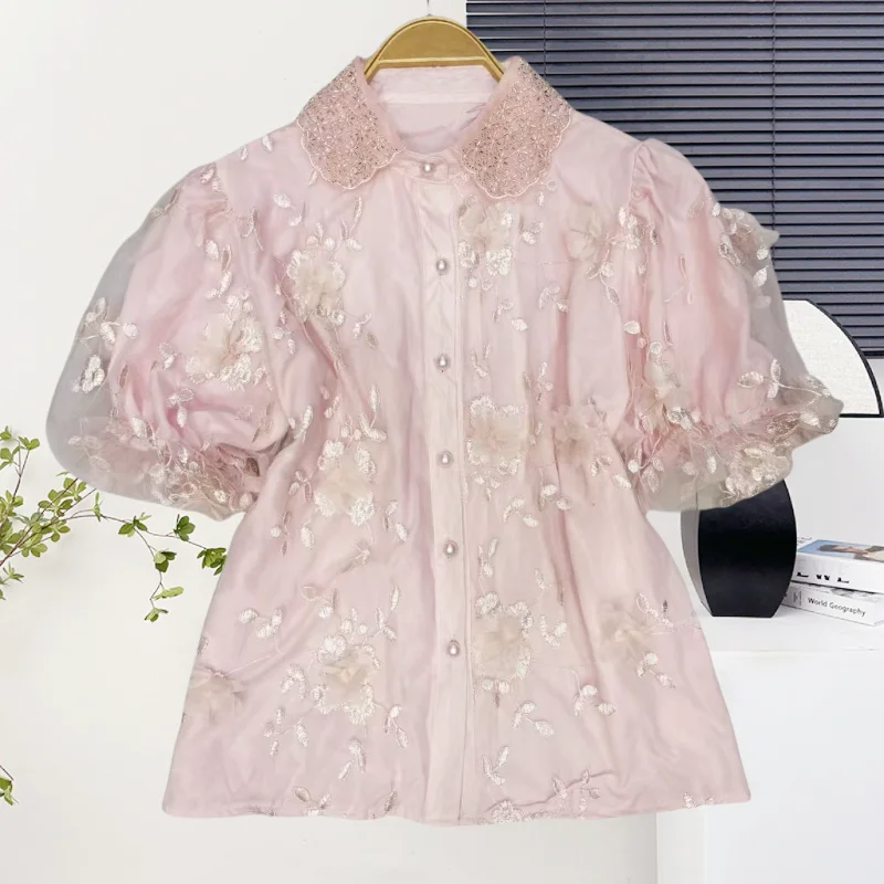 

2025, новинка, европейская, одежда,блузка, мода, сексуальный, блестящий, бисер, пэчворк, 3D, пэчворк, однобортный, женский, пуховый рукав, топы, 56041