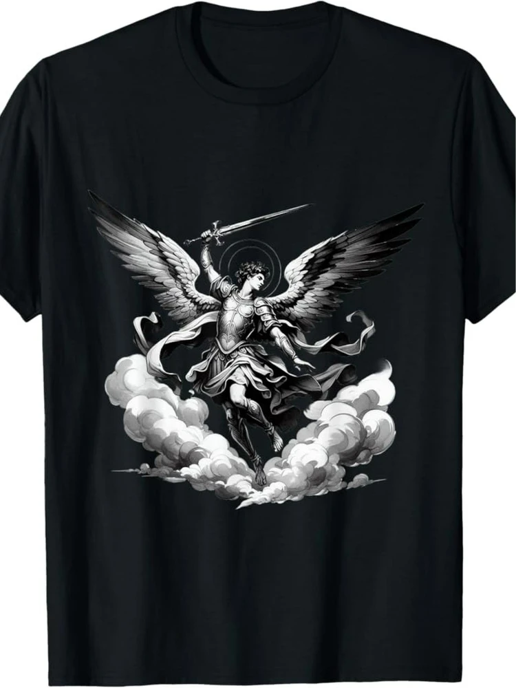 

Saint Michael Archangel Catholic Angel Defend Us Christian design-100% cotton short sleeve O-neck printed men's T-shirt.