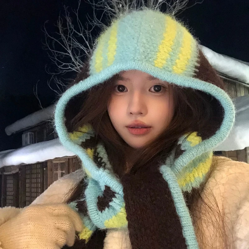 Korean Style Striped Knitted Balaclava Hat Scarf All-in-one Women's Autumn and Winter Outdoor Warm Ear Protection Pullover Cap