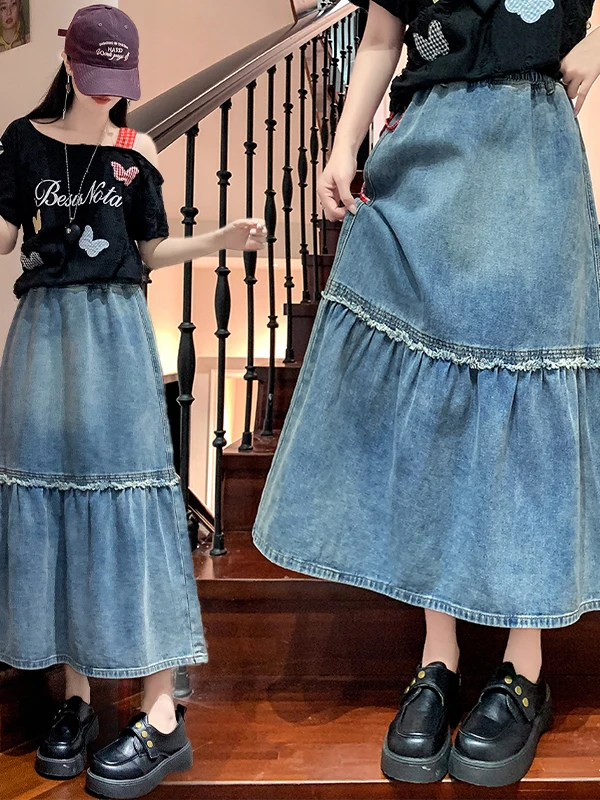 High Waist A-Line Denim Skirt Women's  Skirt Straight Cut Slimming Effect Casual Summer Cotton Blend Washed Fabric