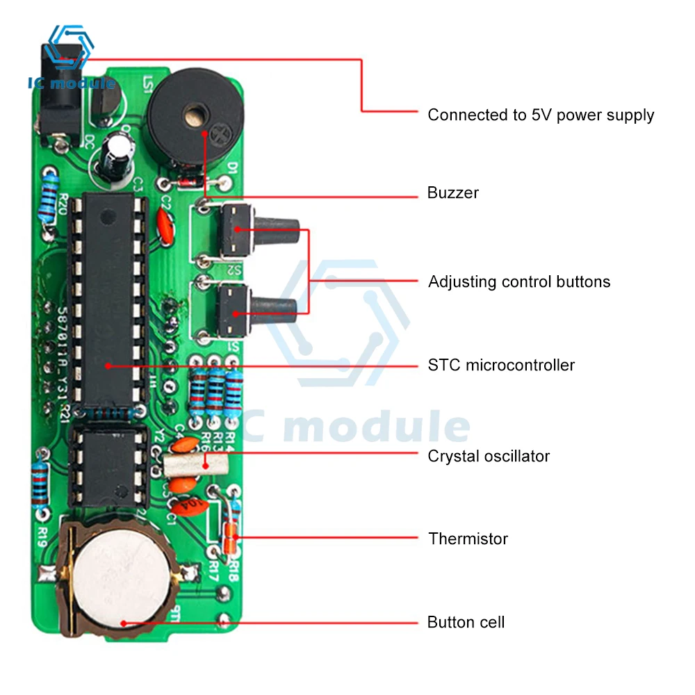 Electronic Clock Kit 51 Single-Chip Microcomputer Light-Controlled Temperature Date Display LED for DIY Learning Electronics
