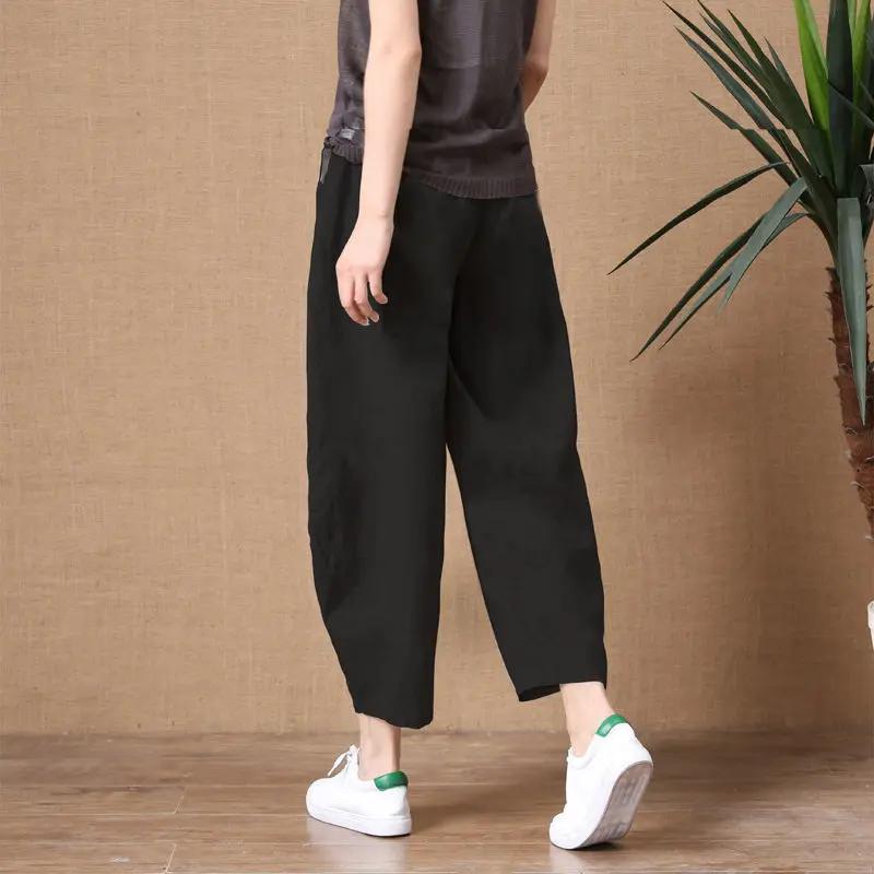 Summer New Solid Color Fashion Elastic Waist Wide Leg Trousers Women High Street Casual Loose Pocket Patchwork Cotton Hemp Pants