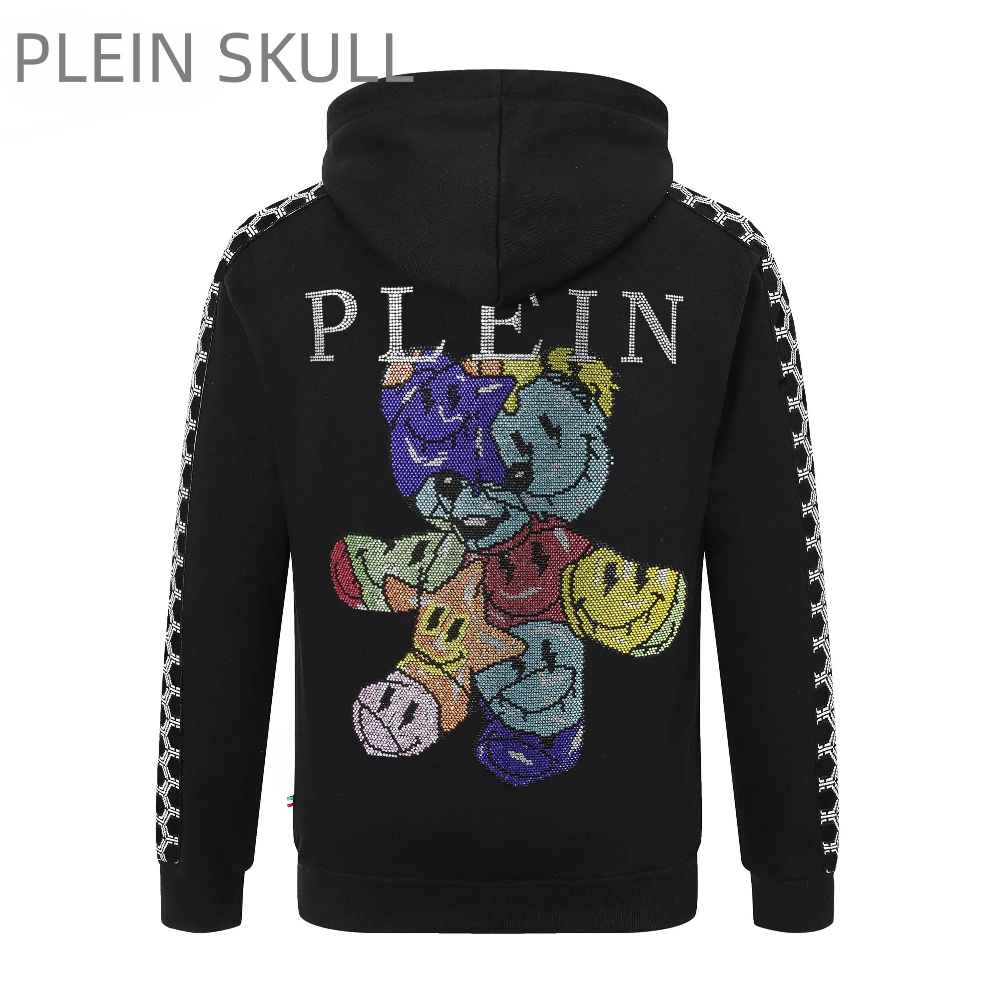 Plein Skull Men's Rhinestone Colorful Bear Hoodie Pullover Side Geometric Stripe Sleeve Casual Long Sleeve Hooded Sweatshirt