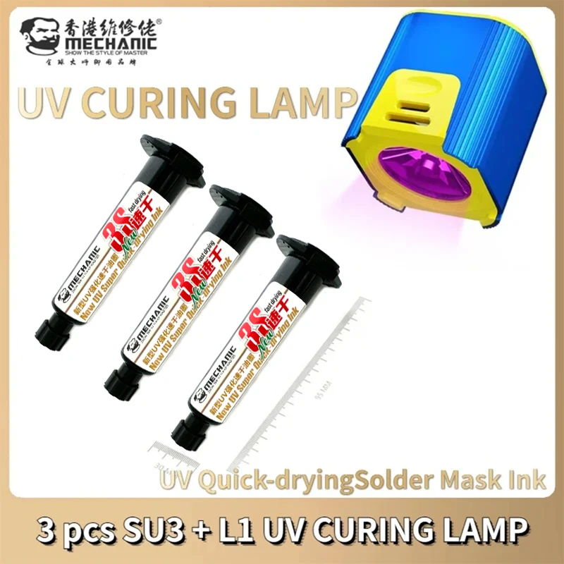 3PCS MECHANIC 10ML UV 3S Quick-drying Solder Mask Ink for Mobile Phone Repair Jumping Wire + L1 UV curing light