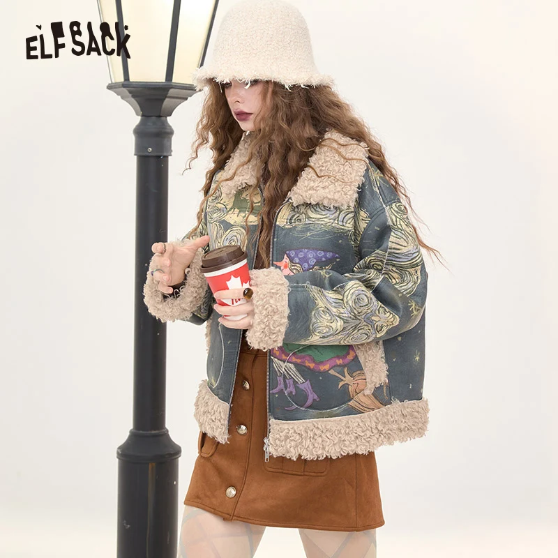 Elfsack 2024 inverno recém chegados original impressão completa de pelúcia engrossado casaco para mulher retro bruxa impressão com zíper costura pele