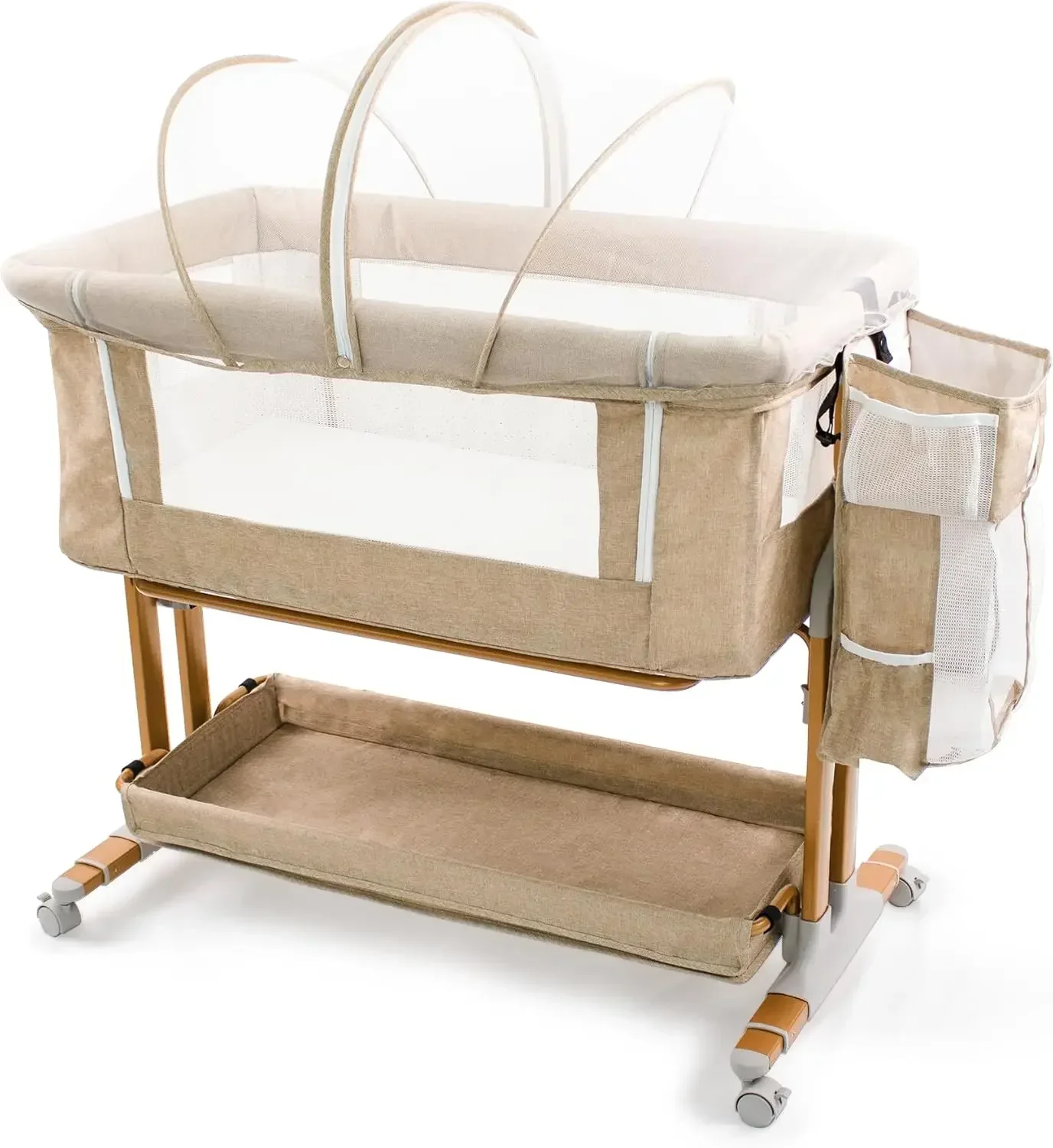 Bedside Sleeper for Baby 6 Months, Convertible Cosleeping Baby Bed Attach to Bed with Wheels, Mattress, Storage Diaper