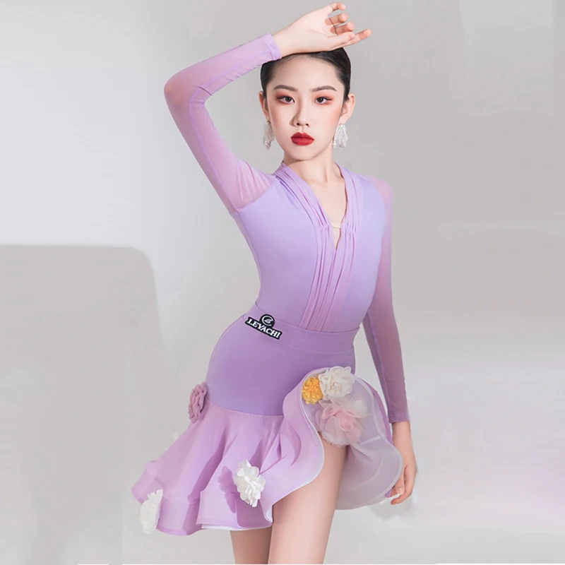 Purple Latin Dance Dress Girls Cha Cha Competition Costume Rumba Samba Clothes V-Neck Bodysuit Dancing Skirt With Flower AMY1286