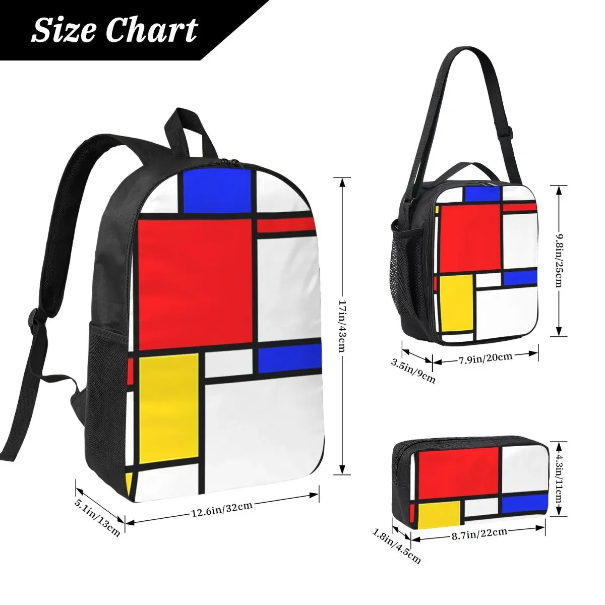 Mondrian Backpack Student BookBag School Bag Laptop Shoulder Bags 3ps Insulated Lunch Bag Pencil Case