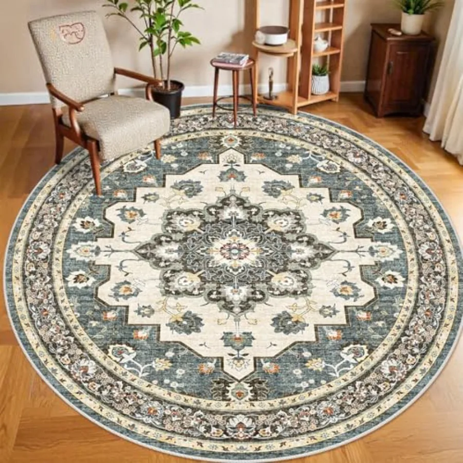 

Washable Oriental Area Rug for Living Room and Bedroom 9ft Round Soft Carpet with Waterproof Floral Design Distressed Style Ind