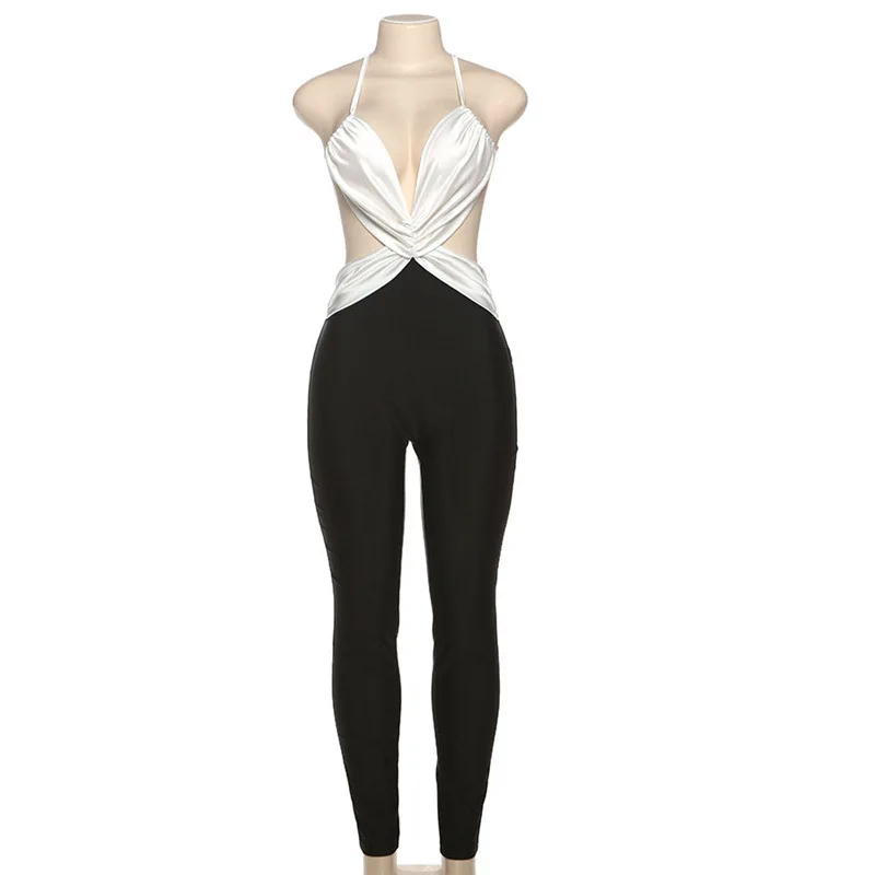 2025 Autumn New Women's Fashion Sexy Hot Girl Color-block Cross Backless High-waist Tight-fitting Jumpsuit