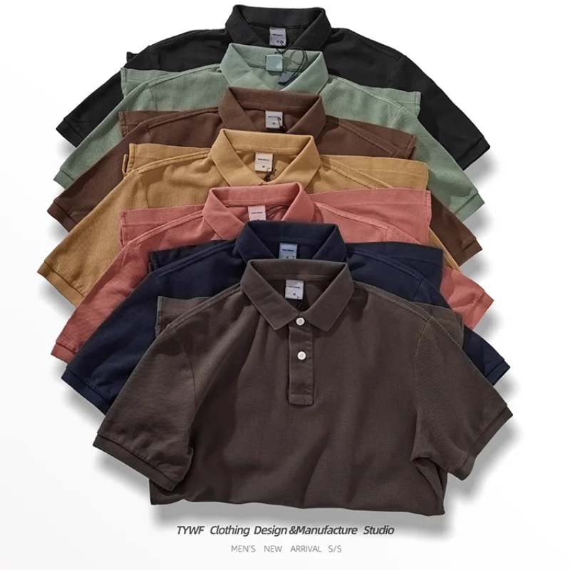 

Summer American Retro 230g Heavyweight Short-sleeved Lapel Solid Color Polo Shirt Men's Fashion 100% Cotton Washed Casual Tops