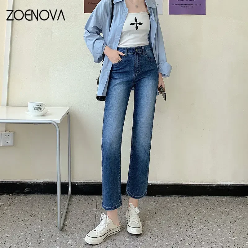 ZOENOVA Spring Women Straight Wide Leg Denim High Waist Nine Points Pants Casual Office Lady Y2K Design Stylish Versatile XS-XL