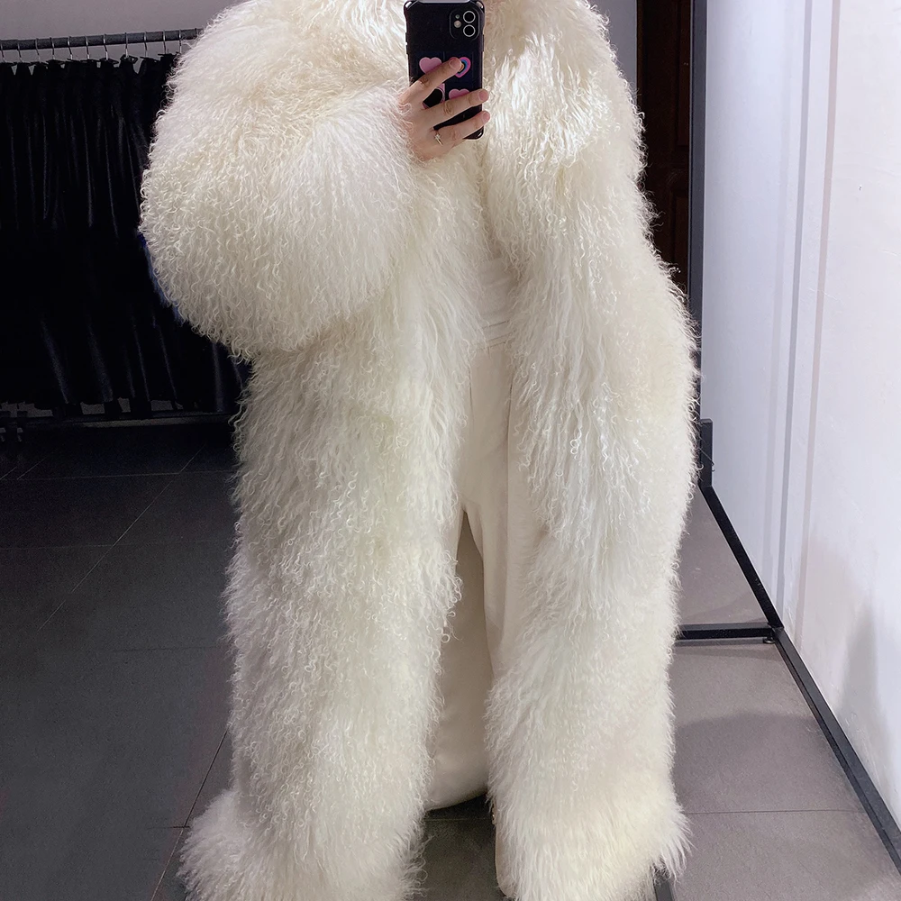 YOLOAgain 135-140cm Floor Length Real Mongolia Sheep Fur Coat Women Winter Warm Party Long Fur Coat Ladies Overcoat