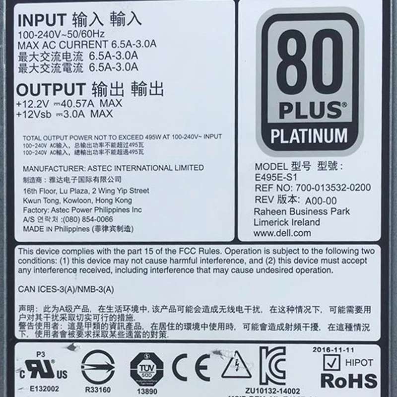 Original 495W Switching for DELL R830 R730 R630 R530 T630 T430 T330 Server Power Supply Module Power Supply E495E-S1 D495E-S1