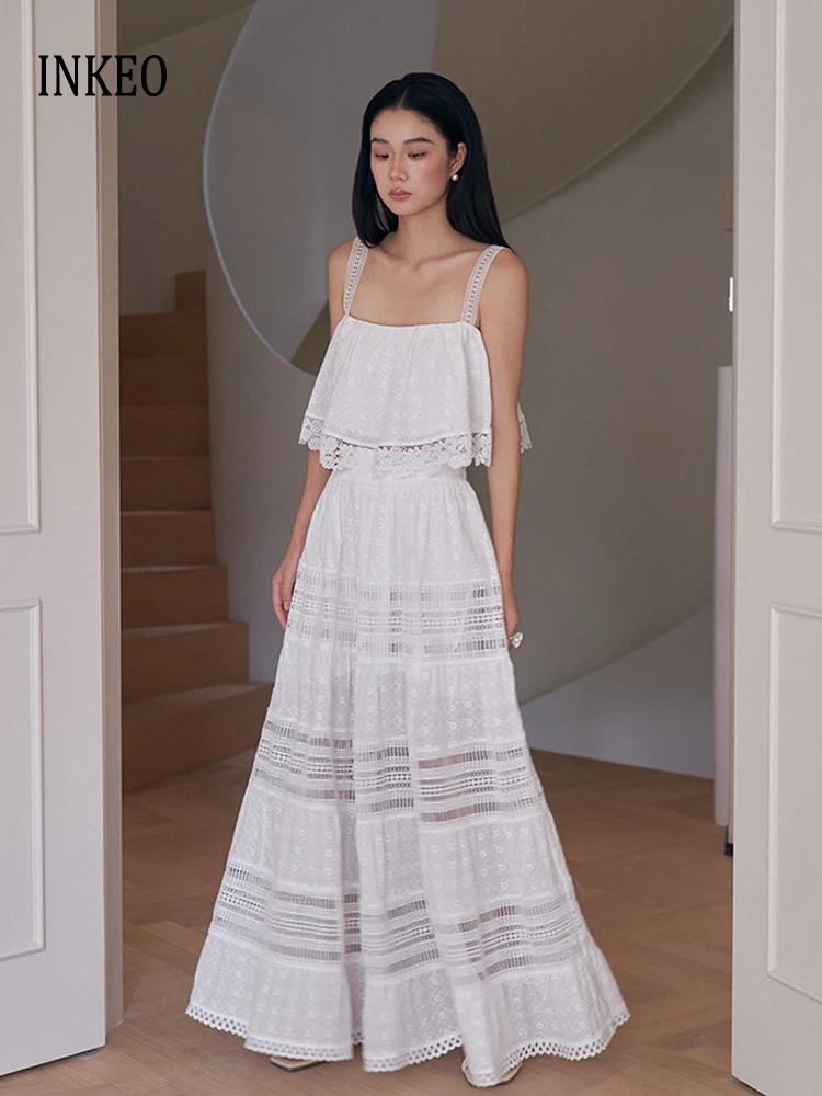 

Элитный пляжный женский кружевной комплект из 2 предметов, новинка 2026 года, сексуальный, с вырезом-лодочкой, кружевными вставками, укороченный топ и длинная юбка, белый, с ажурной вышивкой, 6D001