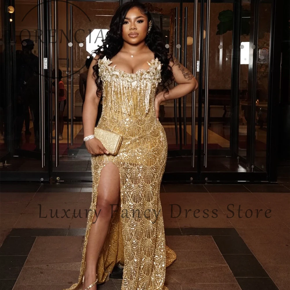 

Luxury Beading Crystal Prom Dresses Glitter Tassel Mermaid Evening Party Gowns Side Slit Customized Strapless vestidos de festa