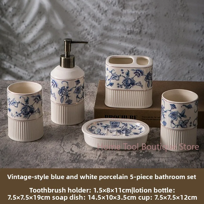 Antique Blue Flower Bathroom Wash Five Piece Set American Retro Ceramic Wash Bathroom Supplies Set Wedding Wash Set