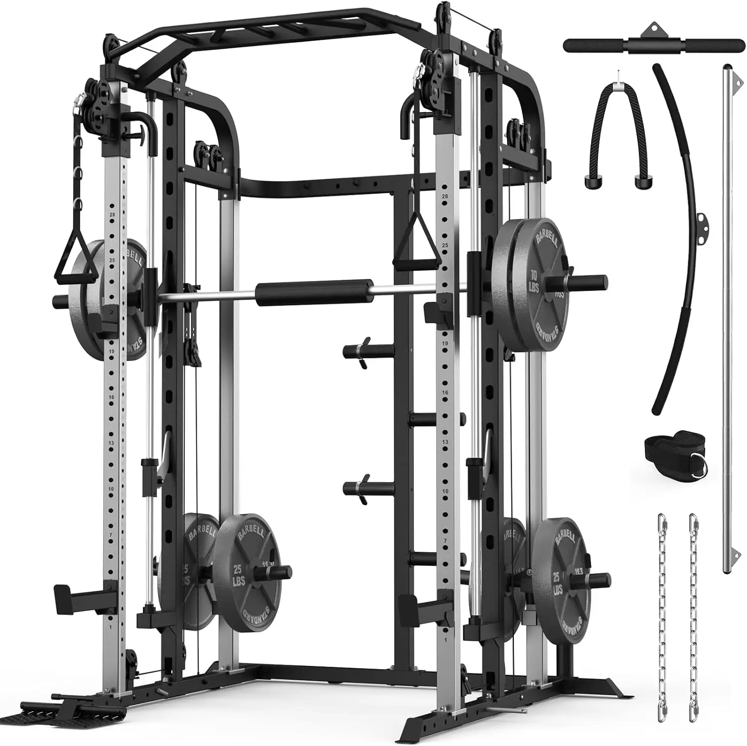 Smith Machine with 140 Lbs Cast Iron Weight Plates Home Gym, Squat Rack with LAT Pull Down System, Power Cage with Smith Bar