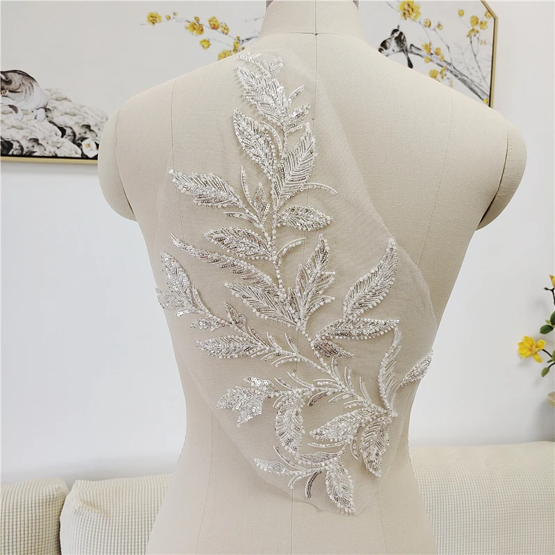 Luxury beaded sequin embroidery lace appliques for wedding dresses Rhinestone lace applique patches Embroidery lace parches ropa