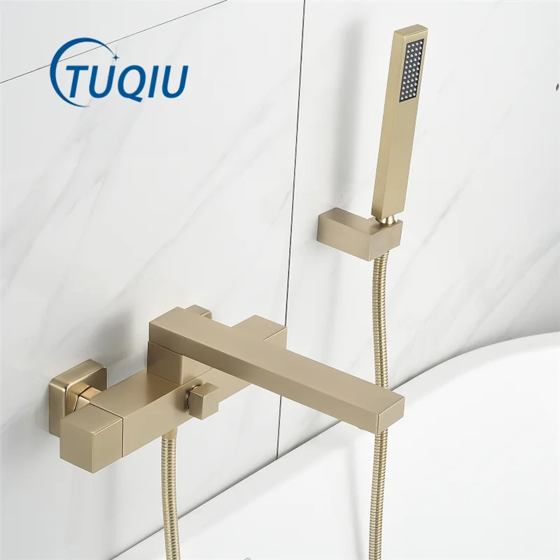 Tuqiu Brushed Gold Bathtub Shower Set Wall Mounted Hot and Cold Waterfall Bathtub Faucet  Hot Cold Bath and Shower Mixer Tap