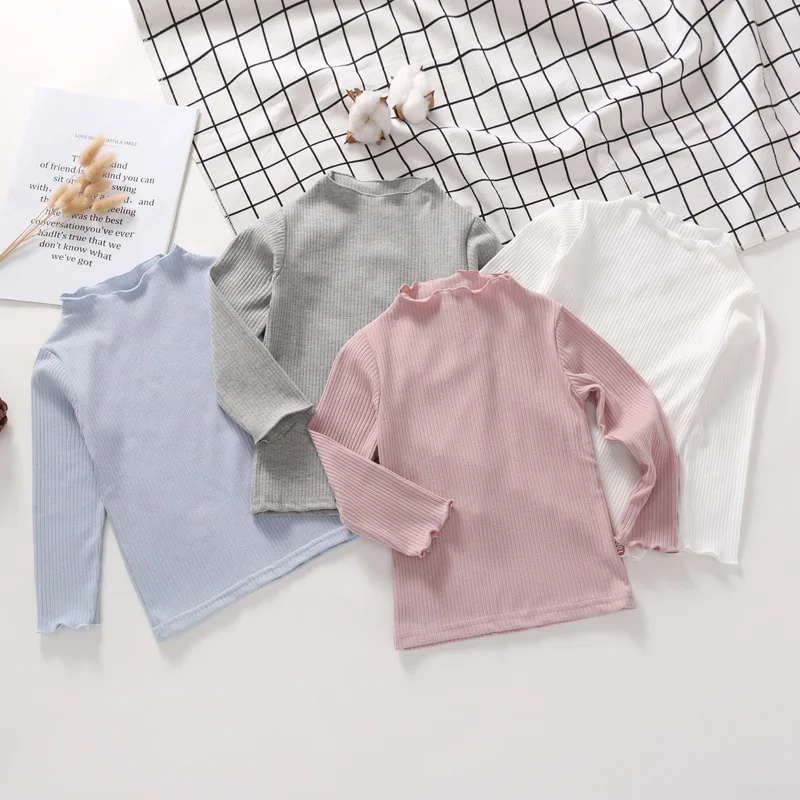 Kaus motif titik motif bunga bayi perempuan musim gugur kaus Dalaman lengan panjang anak-anak T-shirt katun Solid tipis Ruffle tipis anak-anak kaus kasual