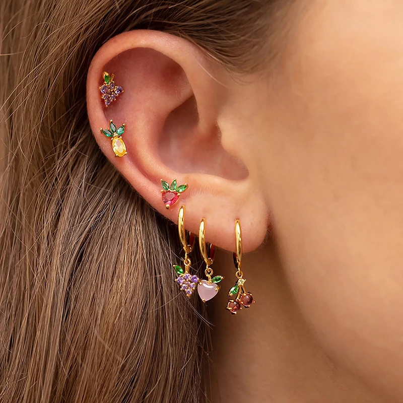 Moda cyrkonia owoce małe kolczyki koła dla kobiet ze stali nierdzewnej wiśnia chrząstka kolczyki do piercingu 2022 Trend biżuteria