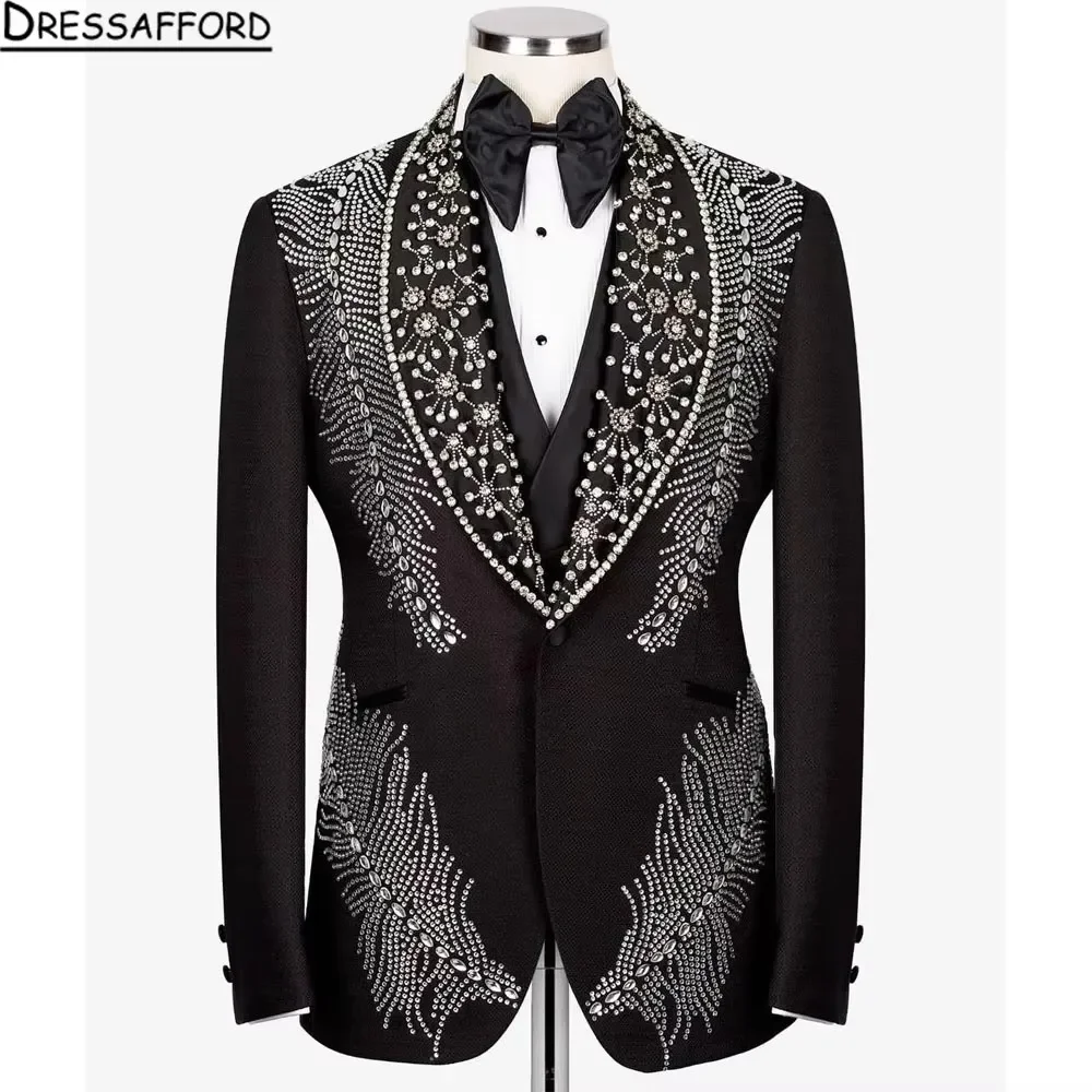 Black Suits Men For Wedding 2 Pieces Jacket Pants Crystal Beaded Diamond Groom Tuxedo Formal Business Banquet