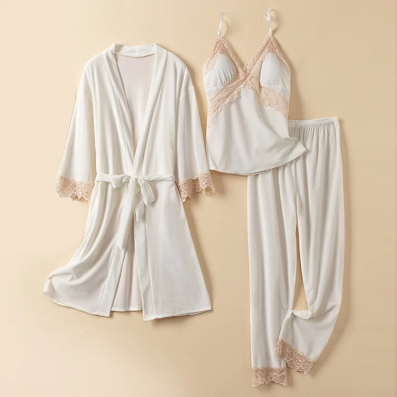 Ensemble de pyjamas en velours trempé pour femmes, vêtements de maison, vêtements de salon, kimono, peignoir, robe, vêtements de nuit, automne, hiver, adt, 3 pièces