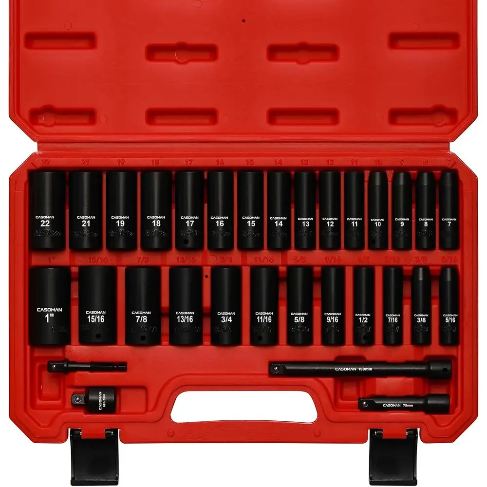 

3/8-Inch Deep Impact Socket Set, Metric & SAE, 31-Piece, CR-V, Extension Bars & Adapters, Heavy Duty Storage Case