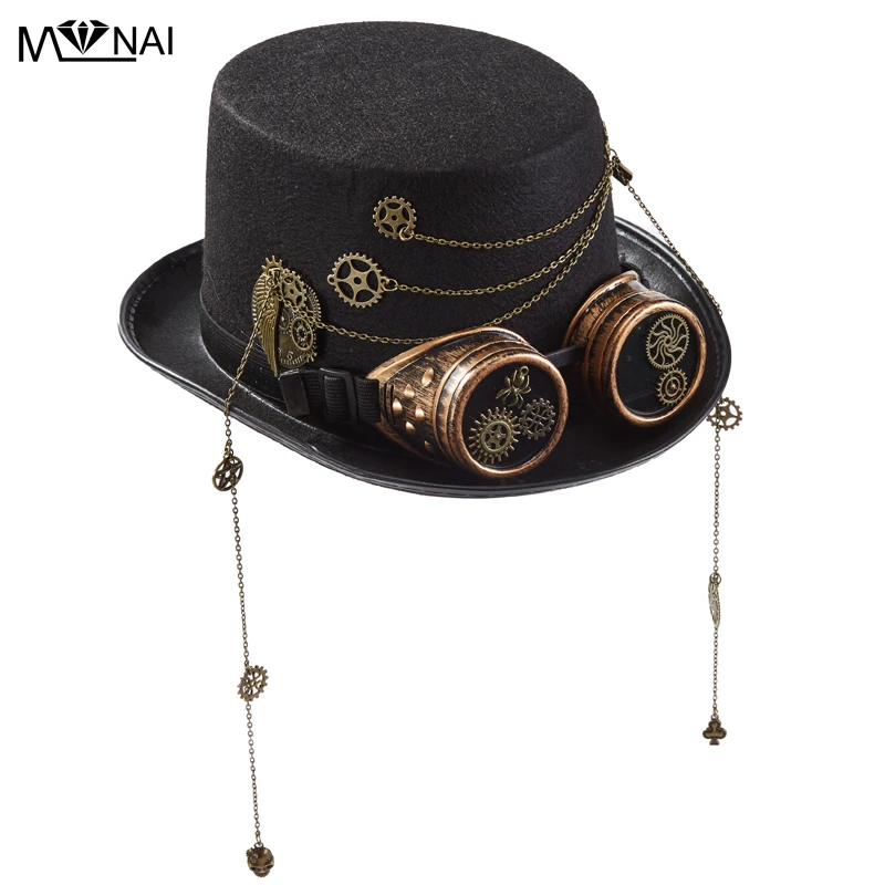 

Gothic Goggles Hat Steampunk Gears Chains Black Fedora Party Club Proforming Prop Top Hat Lolita Accessories