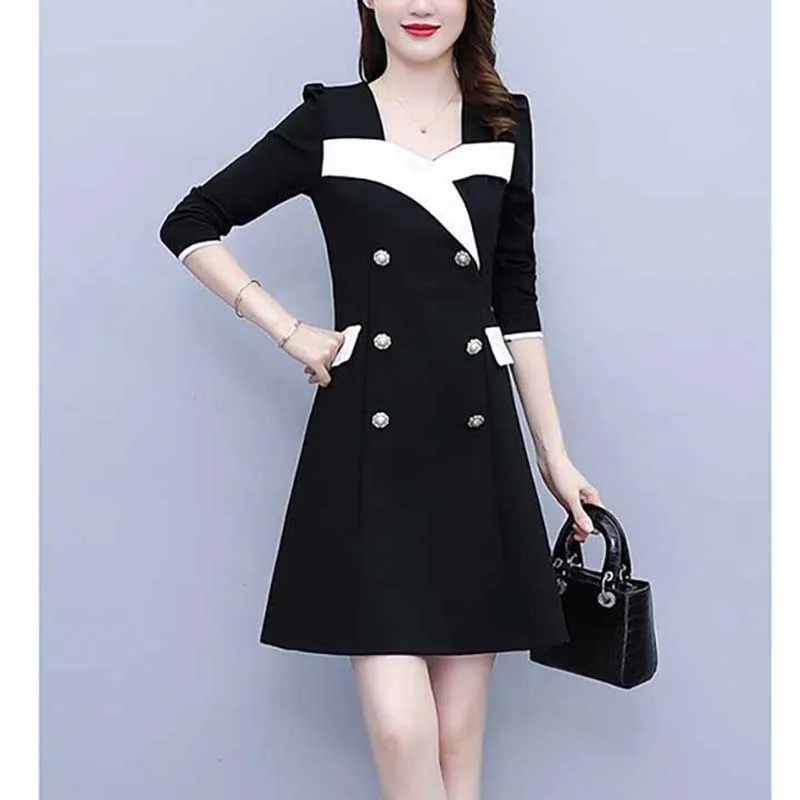 

Elegant Square Collar Spliced Button Puff Sleeve Mini Dress Women's Clothing 2024 Spring New Loose Office Lady Ladies Dresses