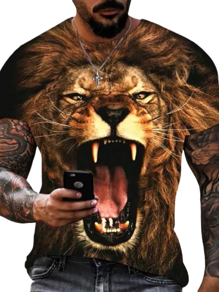

3D Lion Animal Printed T-Shirt Summer Outdoor Men's Short Sleeve Tee Fashionable Cute Men Top Round Neck Oversized Men's T-Shirt