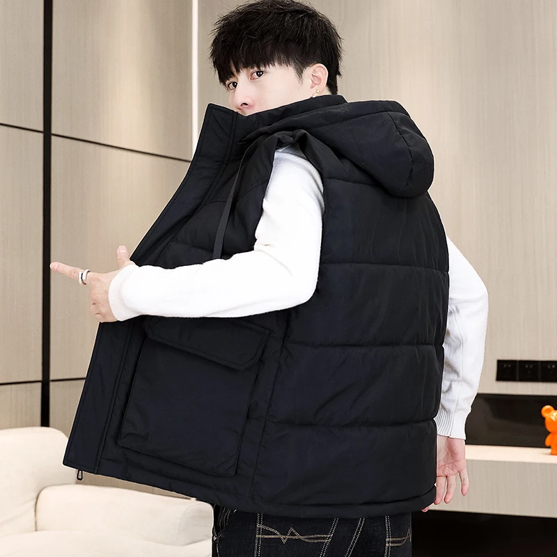

2025 New Hooded down Cotton Vest Unisex Thick Workwear Vest Student Jacket Youth Large Size Trendy Shoulder Pad