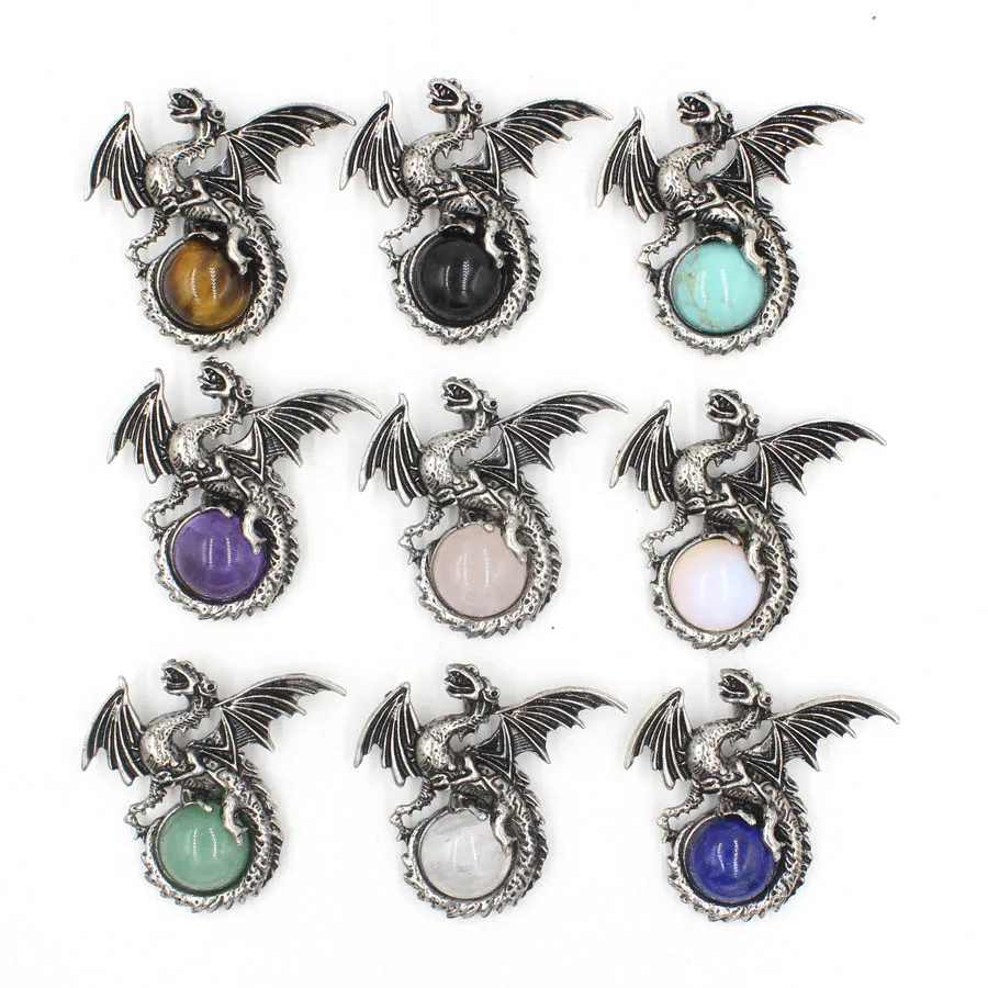 Dragon Crystal Round Bead Pendants Reiki Pendulum Natural Stone Charms Crystal Fashion Jewelry 10pcs