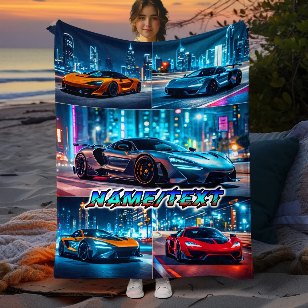 

Персонализированный плед с дизайном спортивного автомобиля, коллажом суперкаров и ночного города, с возможностью нанесения имени, мягкий флисовый плед, подарок для автолюбителей
