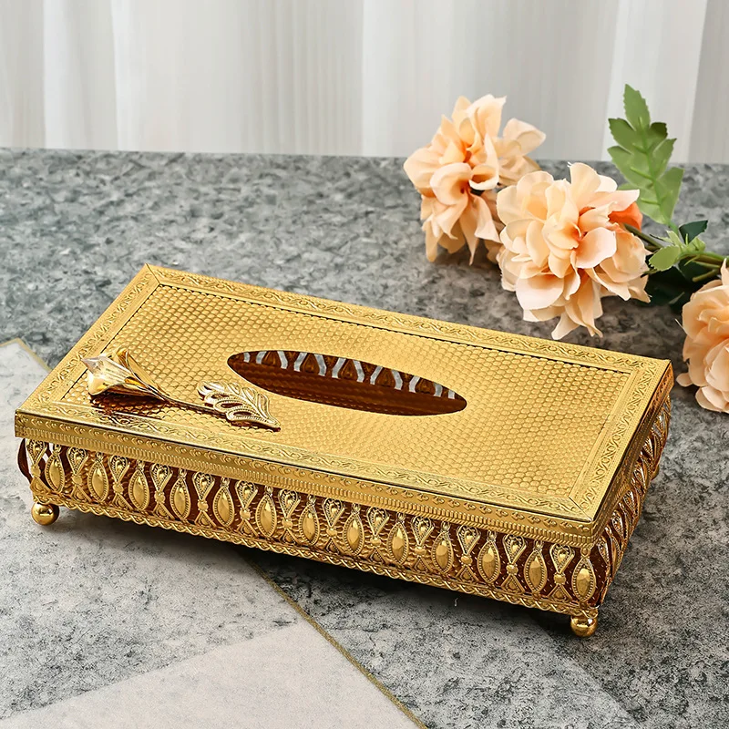 European style gold large tissue box for home use, indoor living room, light luxury, high-end paper box, high-end hotel storage