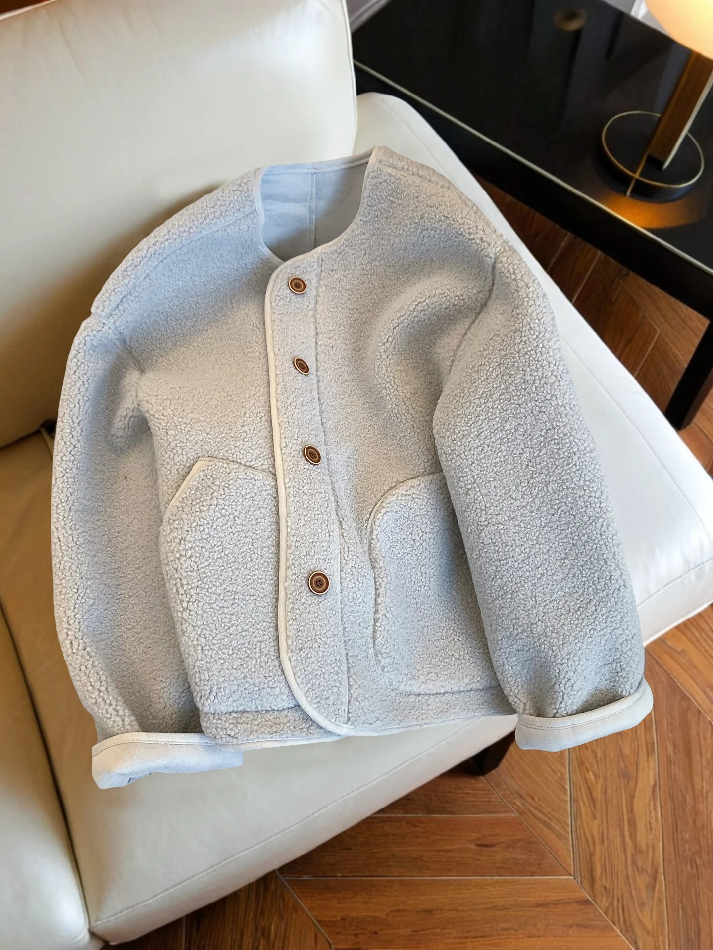 

Fre Light Blue round Ne Lamb Fur Jaet Women's Casual Loose ort Top for Autumn Winter Simple Sle Warmth Conservation