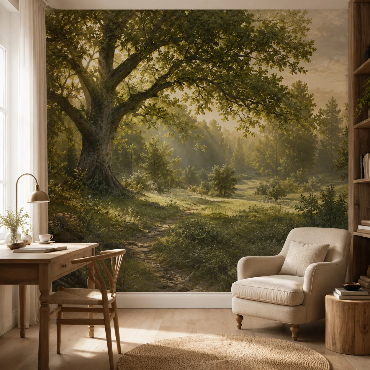 Sunlit Oak Forest Wall Mural Wallpaper, Vintage Woodland Meadow Landscape Decor for Dining Room, Paste Required