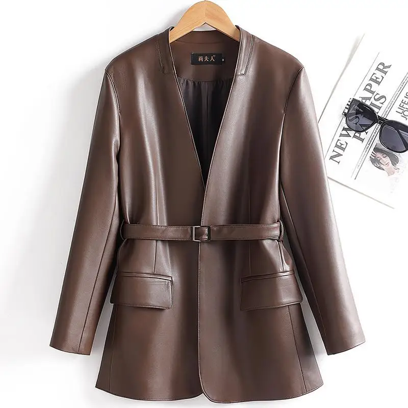 

New Women Leather Coat Long Suit Waist High QualityTrench Coat