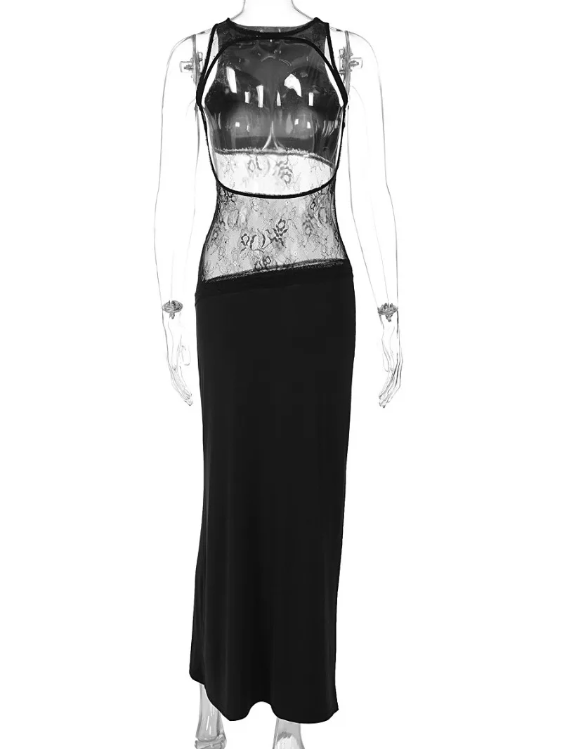 Woman\'s Elegant Sleeveless Lace Patchwork Evening Dress Black High Street O-neck Backless Hollow Out Slim Long Party Dresses