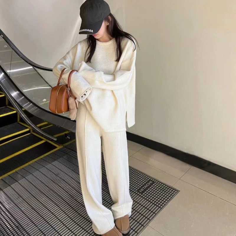 

Pant Set Women Two Piece Sets Round Neck Full Sleeve Tops Wide Leg Long Pants Elastic Waist Y2k Streetwear Casual Loose 2025