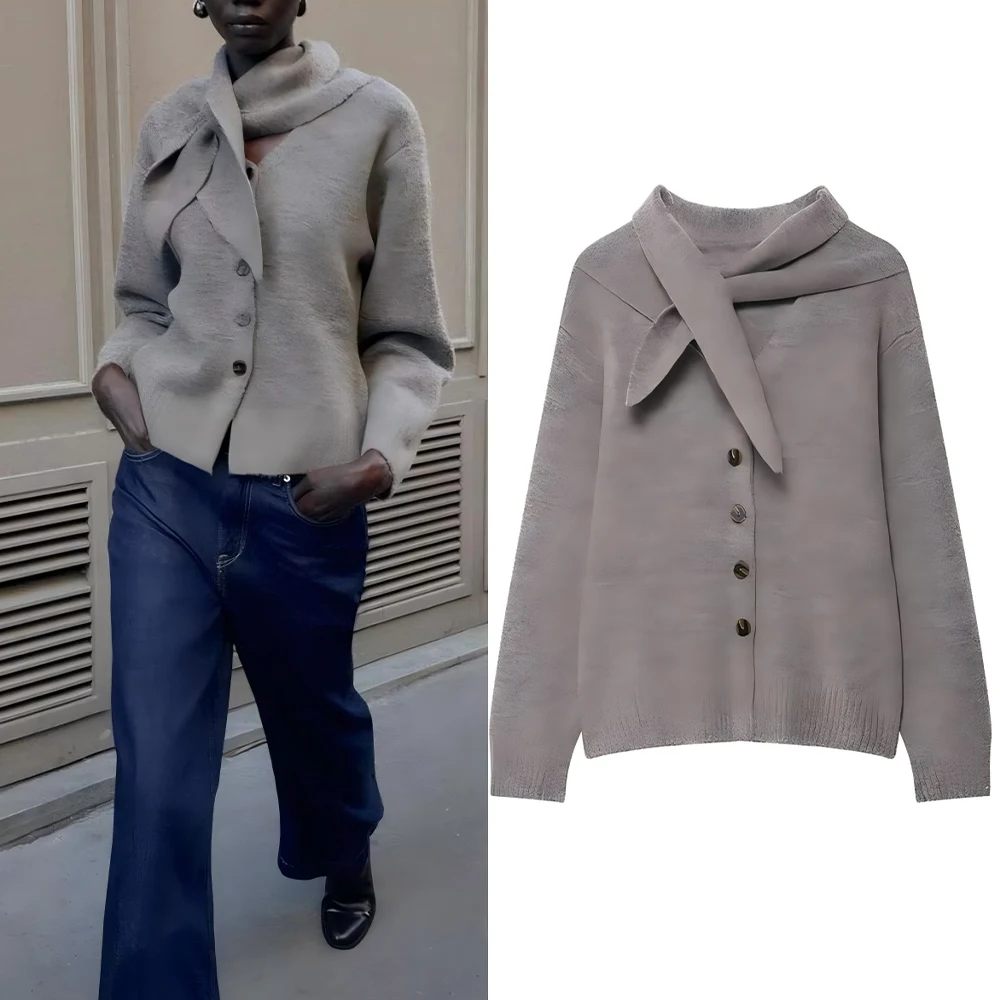 

Women's new fashion scarf decoration comfortable V-neck knitted Coat retro long sleeved Button-up women's Coat chic top