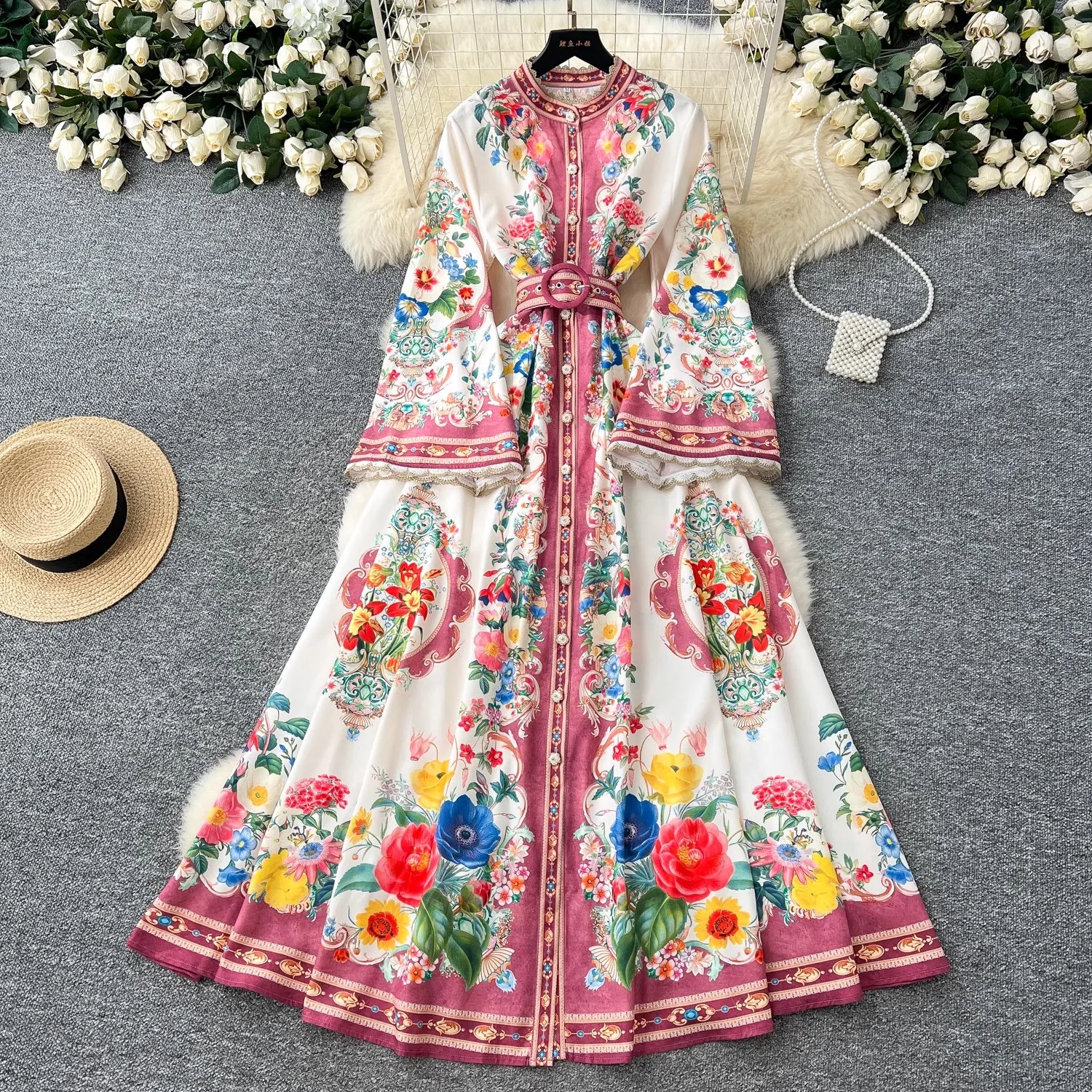 

Runway Floral Long Maxi Dresses Women 2025 Spring Holiday Gorgeous Flare Sleeve Lace Trims Belt Printed Evening Party Vestidos