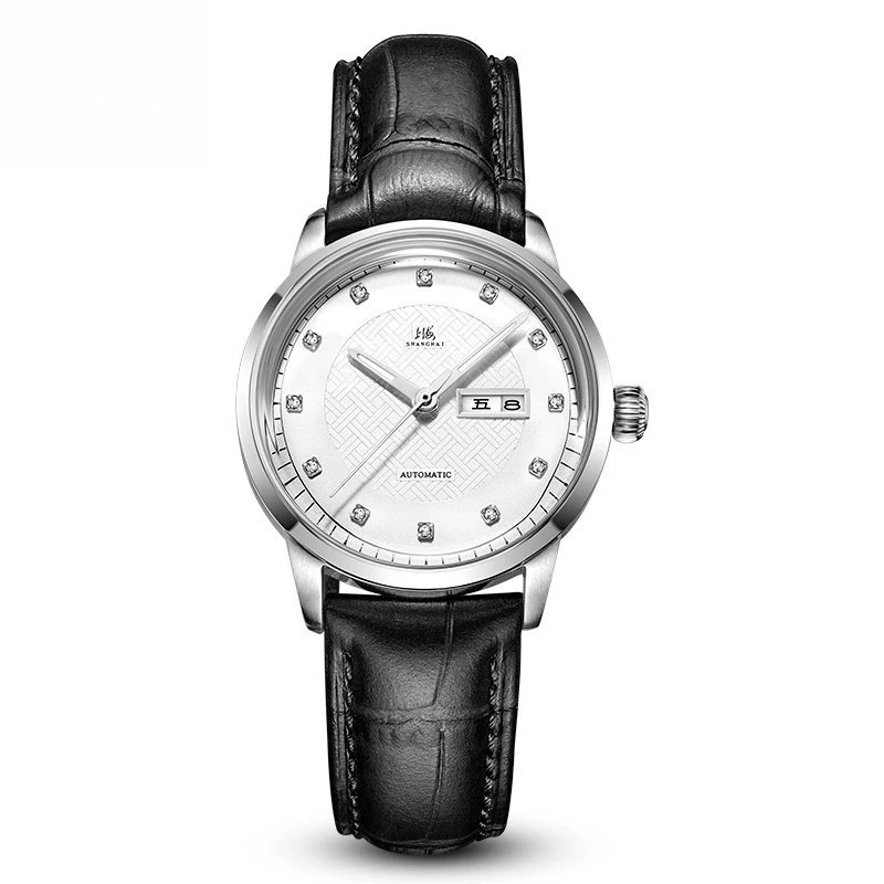

Shanghai Watch Women's Diamond-encrusted Automatic Bottom-penetrating Double Calendar Steel Belt Mechanical Watch 803