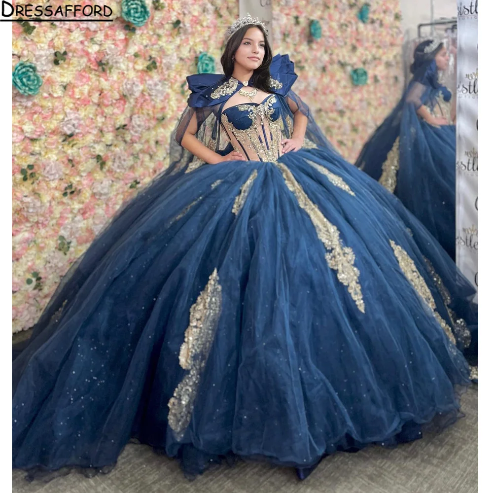 Navy Blue Quinceanera Dresses With Cape Vestidos De 15 Anos 3D Lace Masquerade Birthday Party Gowns