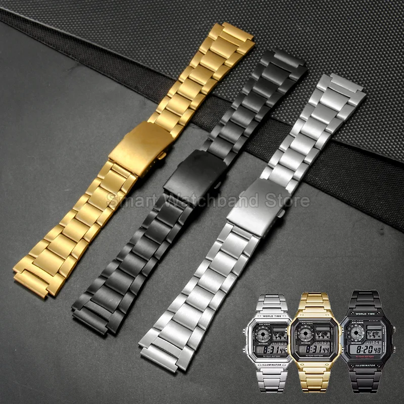 Watch Strap Solid Steel Links Electroplated Finish 18mm Convex for Casio G‑SHOCK 5600 Series AE1300/1500 AE‑1200WH A158 A168