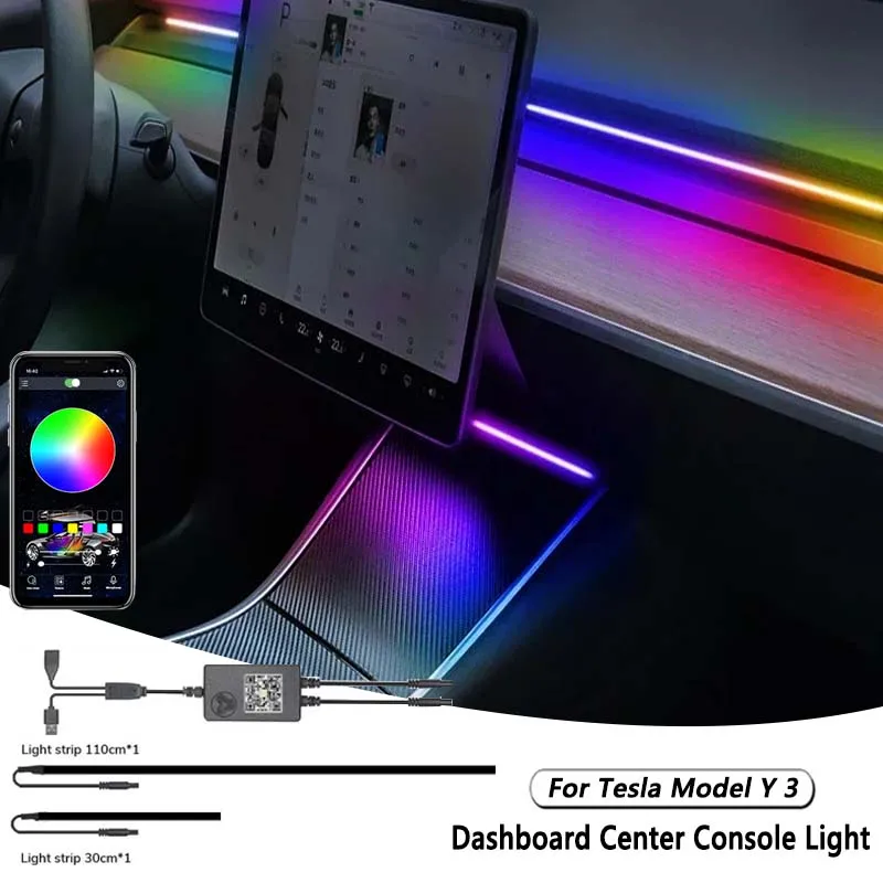 Für Tesla Modell Y 3 Umgebungs Licht Kit 110 CM RGB Dashboard Center Konsole Center Stack APP LED Streifen Neon beleuchtung Zubehör